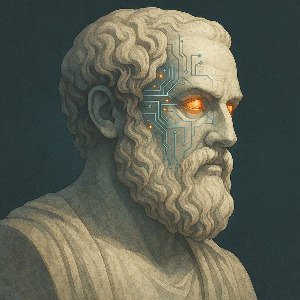 A marble bust of a bearded philosopher with glowing orange eyes and blue circuit patterns etched across one side of his face, symbolizing the fusion of ancient philosophy and artificial intelligence.