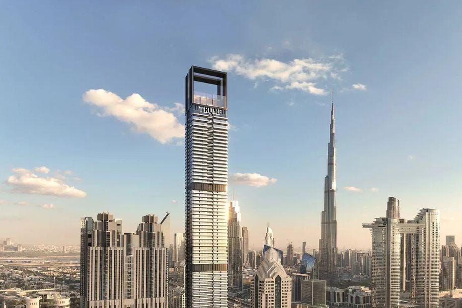 Trump Tower Dubai prominently stands amid the city's luxury skyscrapers, including the Burj Khalifa, highlighting the Trump Organization's significant presence in Middle Eastern real estate