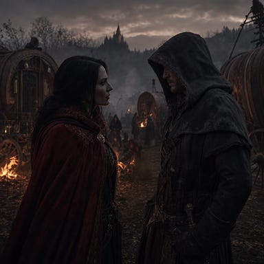 Ezmerelda talking to Greegan, the hooded rogue, in the Vistani camp at dusk; firelight flickering on wagons and mist; Ezmerelda’s crimson cloak and Greegan’s shadowed hood; Barovian Gothic atmosphere