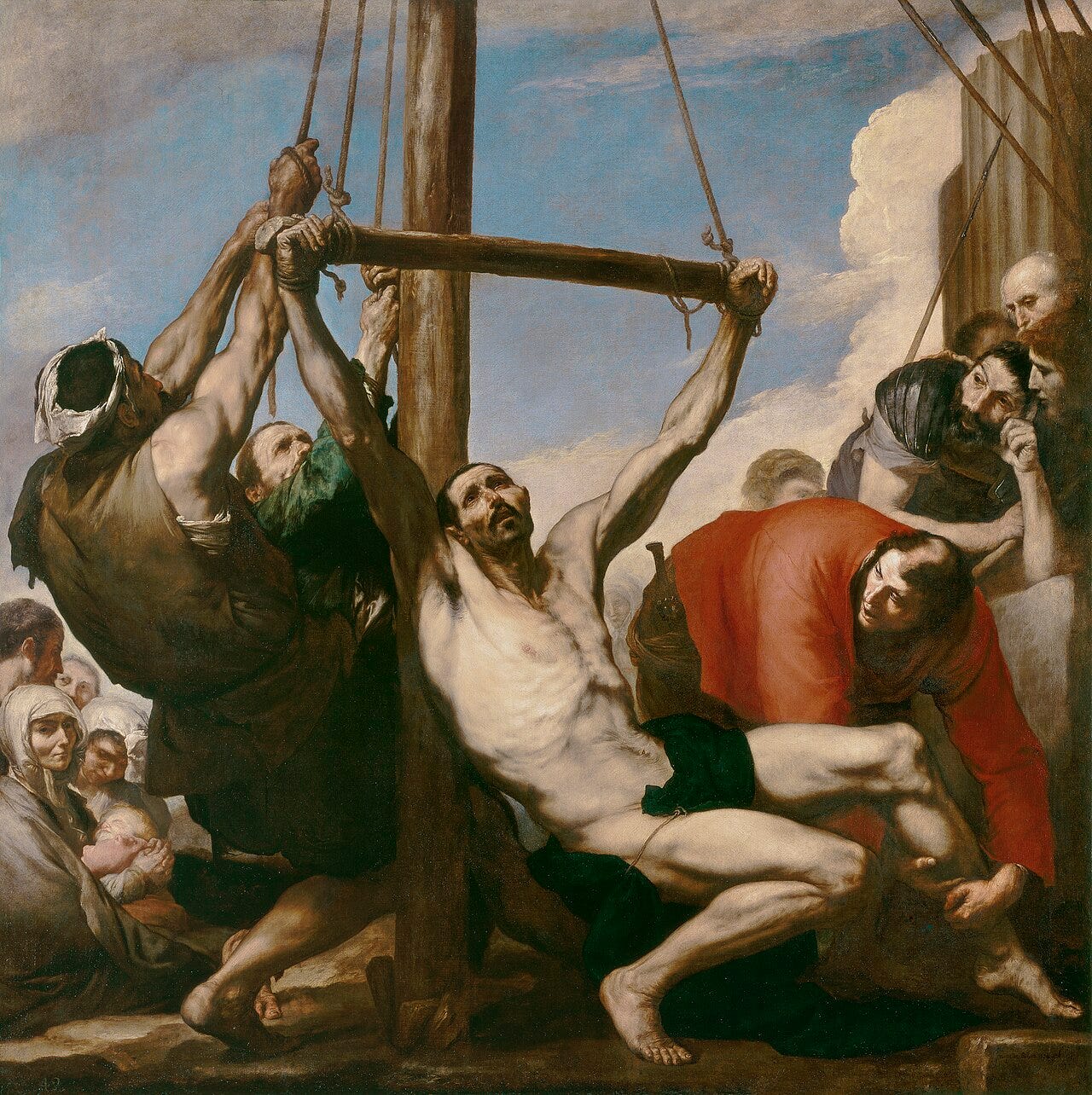 Jusepe de Ribera, The Martyrdom of Saint Philip, a man hoisted on ropes in harsh light