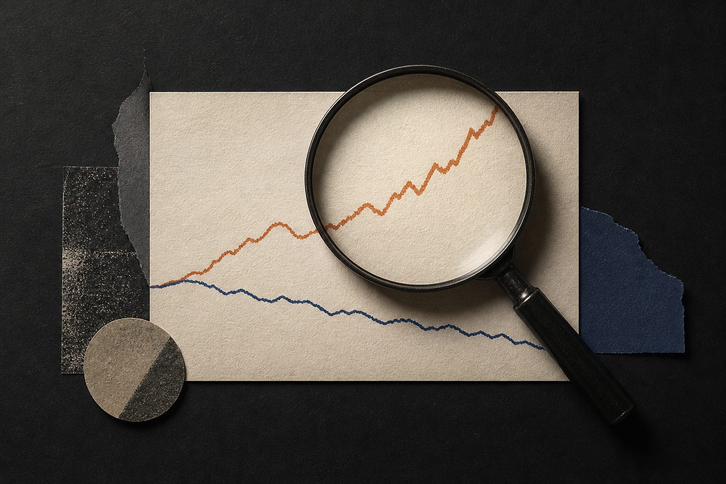 A magnifying glass examines a paper with fluctuating line graphs, drawing attention to articles among torn paper shapes.