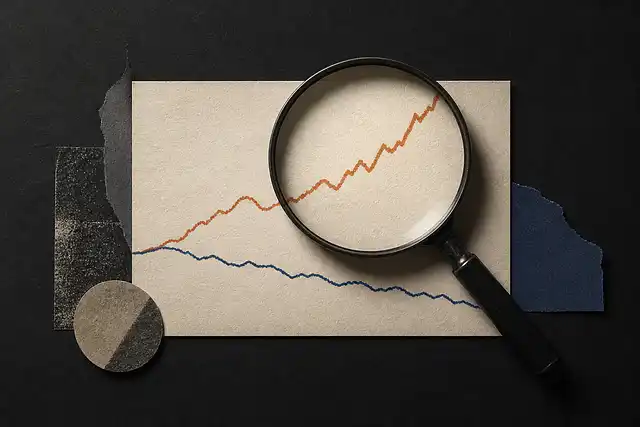 A magnifying glass examines a paper with fluctuating line graphs, drawing attention to articles among torn paper shapes.
