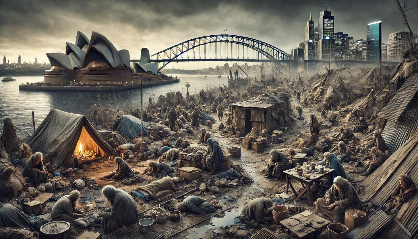 An intense and heart-wrenching depiction of extreme poverty in a modern urban setting with the Sydney Opera House and Harbour Bridge in the background. The scene portrays severe destitution with a large group of people in ragged clothing, many appearing emaciated and desolate. The foreground features a sprawling makeshift camp with dilapidated shelters constructed from tarps, corrugated metal, and cardboard. The area is strewn with garbage, and there are signs of neglect and despair, such as broken furniture and abandoned belongings. The Sydney Opera House and Harbour Bridge are prominently visible in the background, creating a stark and poignant contrast between wealth and abject poverty. The atmosphere is bleak and haunting, evoking a powerful emotional response.
