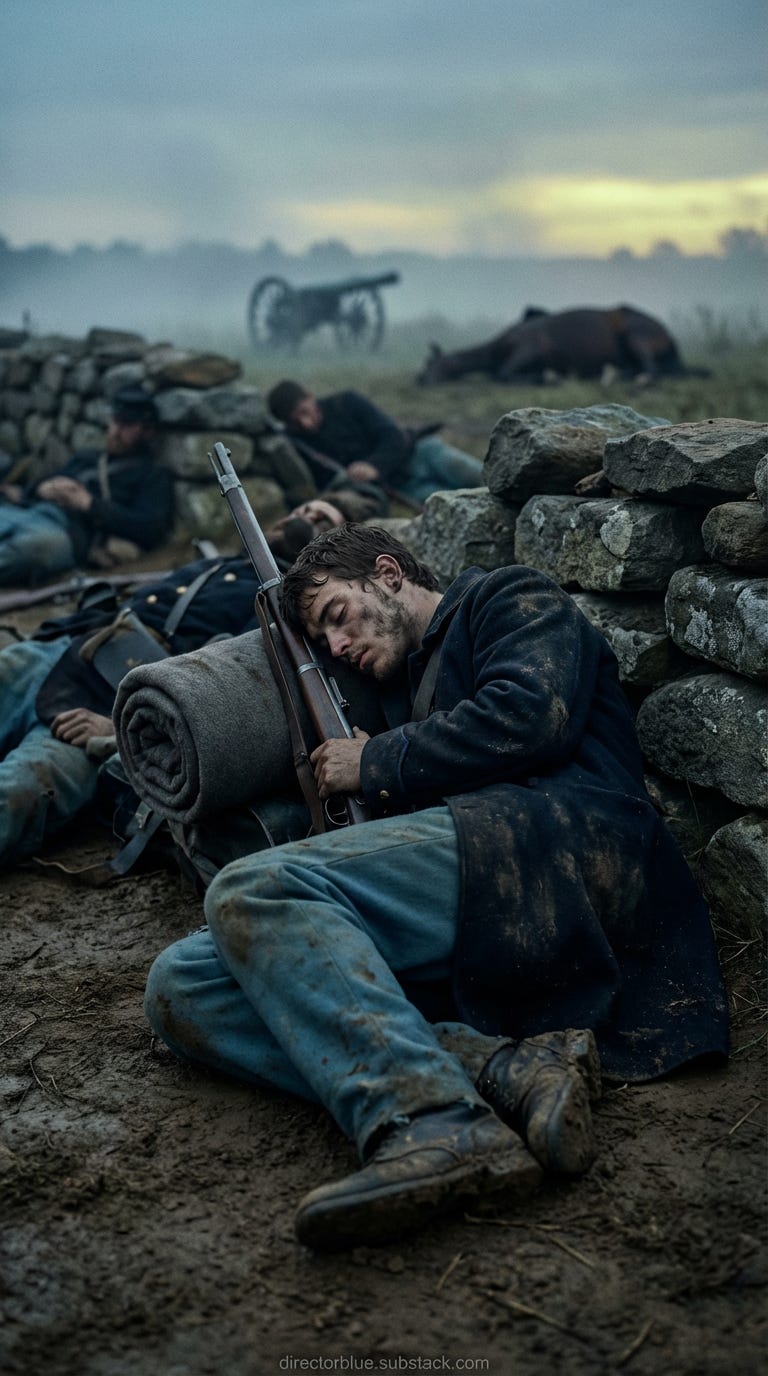 create image from this prompt - Hyper-realistic 9x16 photographic image portrait orientation Civil War period July 1863 Pre-dawn first gray-blue light of early morning color palette of slate blue muted ochre and deep shadow A young Union sol_image_1