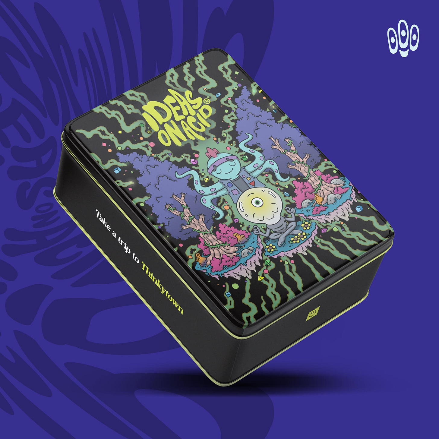 mock-up of Ideas On Acid tin. The cover features an illustration, starring two cartoony characters - a punk octopus and a lightbulb with 3 eyes.