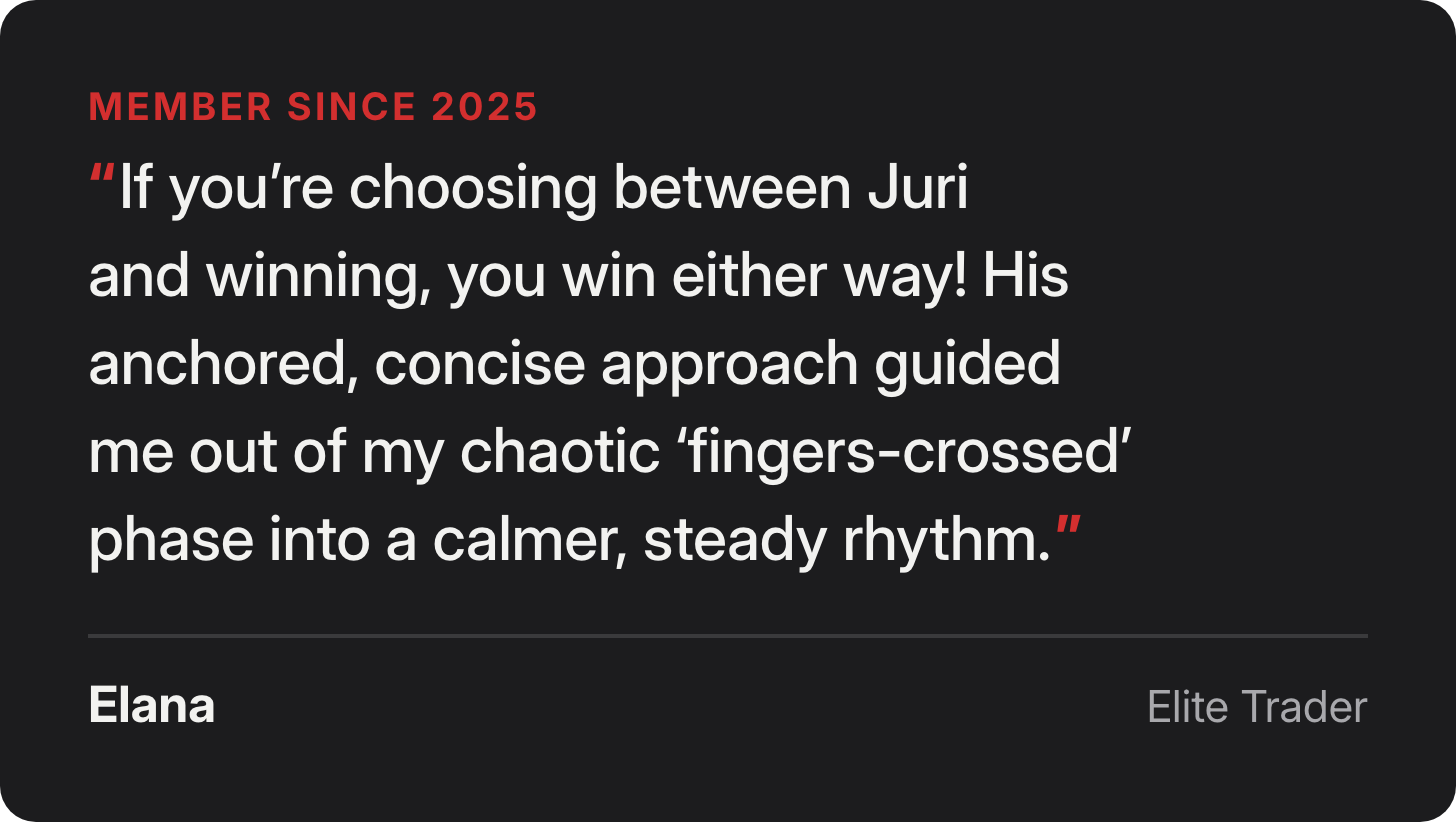 Elana, Elite Trader since 2025: If you’re choosing between Juri and winning, you win either way! His anchored, concise approach guided me out of my chaotic ‘fingers-crossed’ phase into a calmer, steady rhythm.