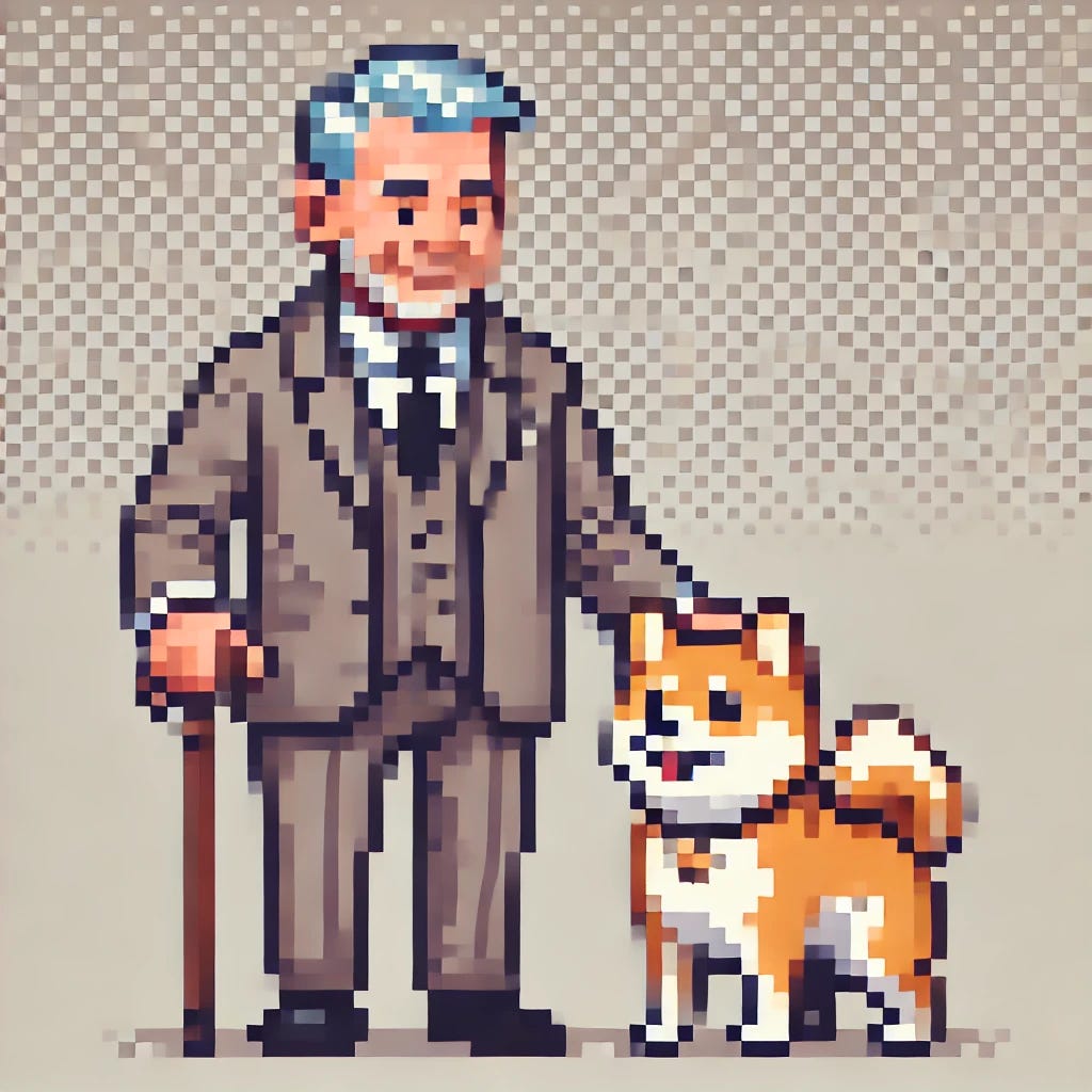 A pixel art image of an older, slightly chubbier man in a classic 1950s style suit with thinner hair, petting a shiba inu. The man has a calm and composed expression, and the shiba inu, with its fluffy tail and alert expression, looks friendly and happy. Background is minimal, with neutral colors to highlight the characters. 8-bit pixel art style.