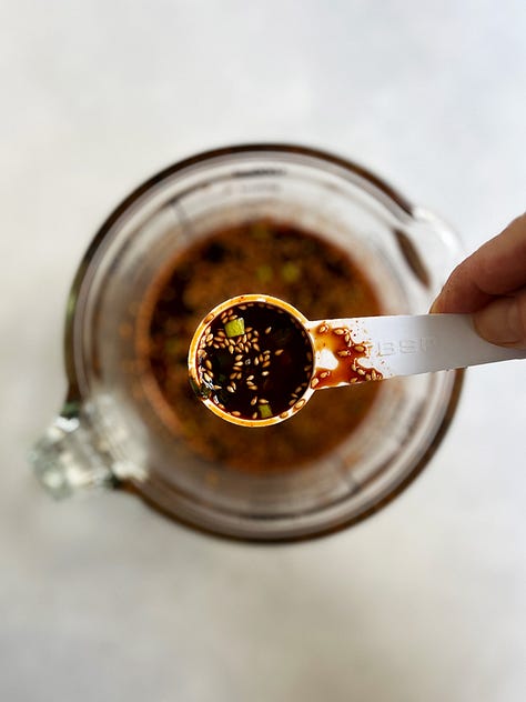 Three pictures of cho jung dipping sauce being made and then the mandu being dipped into it.