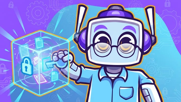 Neuralbuddy character, a blue and purple robot with glasses, is actively securing important information into a glowing, holographic lockbox. The background features a creative gradient with gears and lock icons, using the Neuralbuddy color scheme. Neuralbuddy character, a blue and purple robot with glasses, is actively securing important information into a glowing, holographic lockbox. The background features a creative gradient with gears and lock icons, using the Neuralbuddy color scheme.