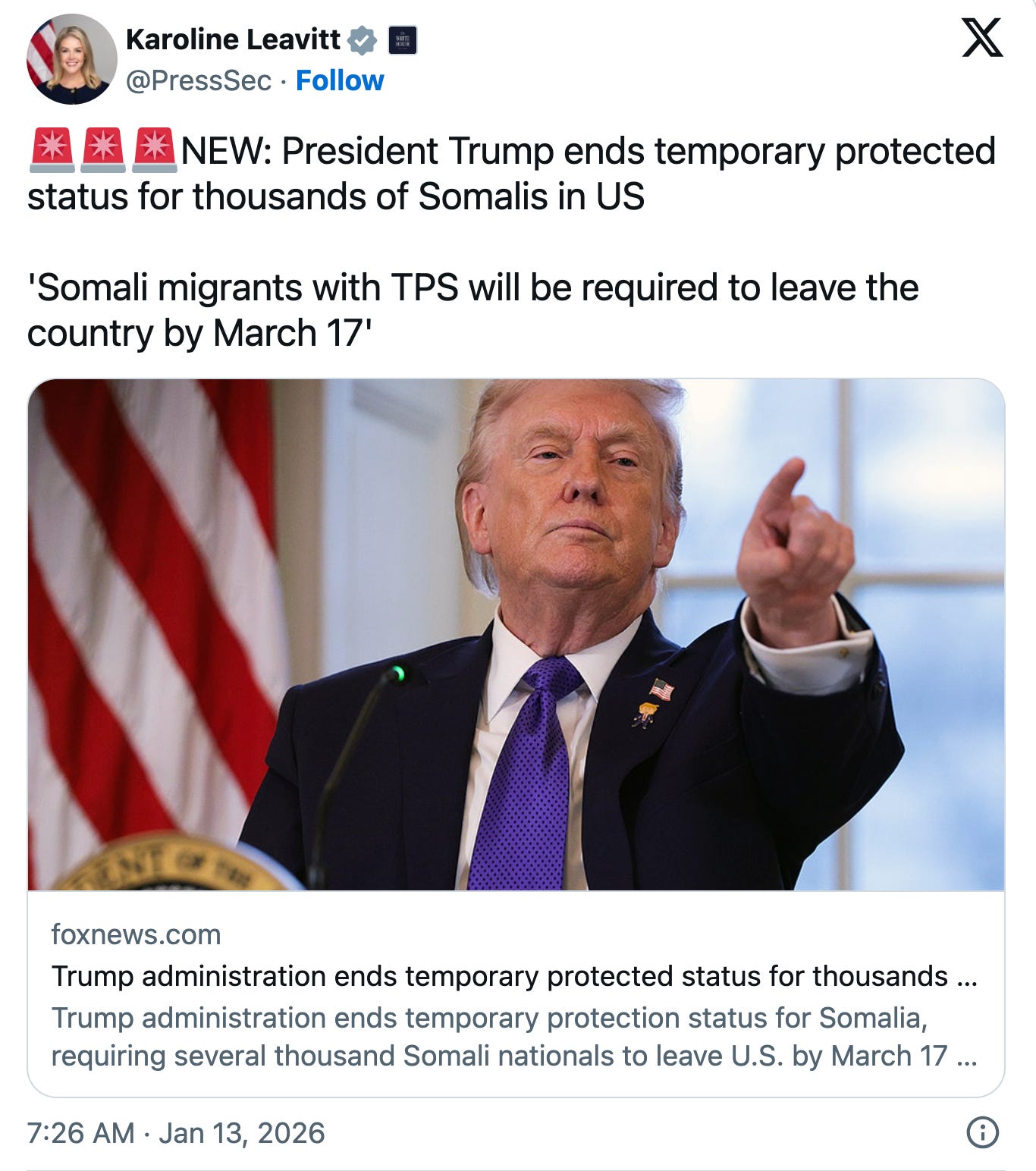 NEW: President Trump ends temporary protected status for thousands of Somalis in US  'Somali migrants with TPS will be required to leave the country by March 17'