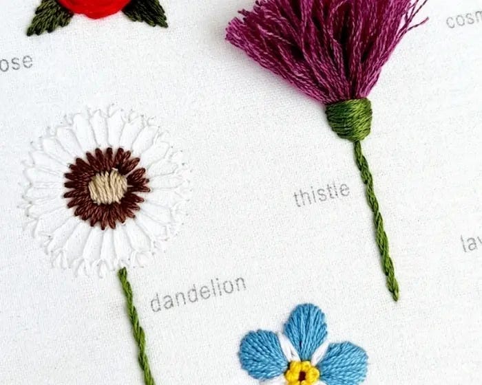 Embroidery stitch along flowers finished on fabric: dandelion, forget-me-not, and thistle