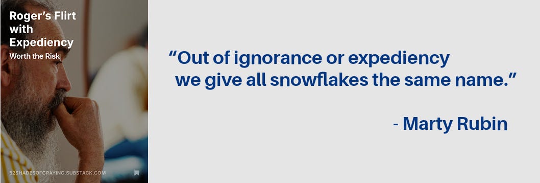 Promo for Roger's story plus this quote: “Out of ignorance or expediency we give all snowflakes the same name.” ― Marty Rubin Promo for Roger's story plus this quote: “Out of ignorance or expediency we give all snowflakes the same name.” ― Marty Rubin