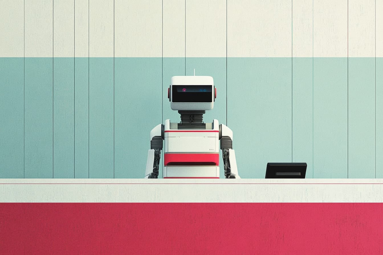 illustration of a white robot standing behind a red reception desk