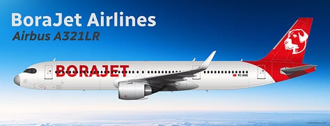 The current BoraJet fleet: 1) Aria S102 Supersonic, 2) Airbus A321LR, 3) Airbus A320neo, 4) Aria T102 Transonic, 5) Airbus A321-200, and 6) Airbus A320-200 - all shown in side view.