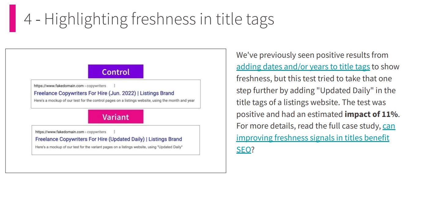 Highlighting freshness in title tags test from Search Pilot