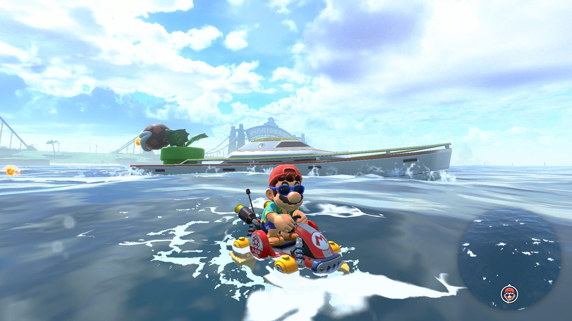 Video game screenshot of Mario riding a cart over water. A yacht behind him has a piranha plant on its aft deck.