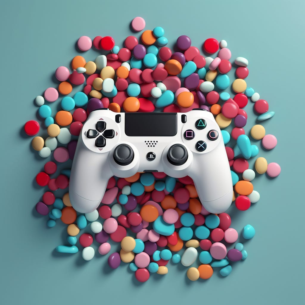 video game controller surrounded by medical pills, 2d game art, beautiful colours video game controller surrounded by medical pills, 2d game art, beautiful colours