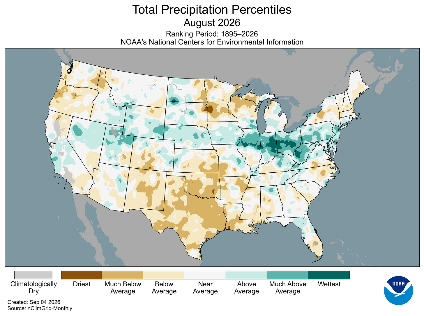 Map of the U.S. showing precipitation percentiles for August 2026 with wetter areas in gradients of green and drier areas in gradients of brown. Map of the U.S. showing precipitation percentiles for August 2026 with wetter areas in gradients of green and drier areas in gradients of brown.
