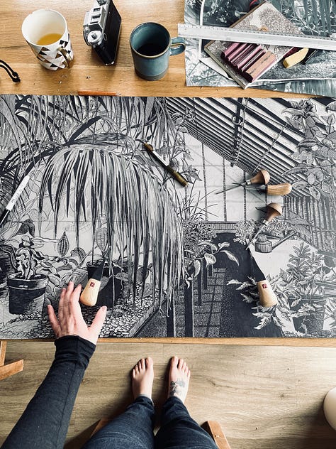 Process of creation 'Green House' Linocut Print