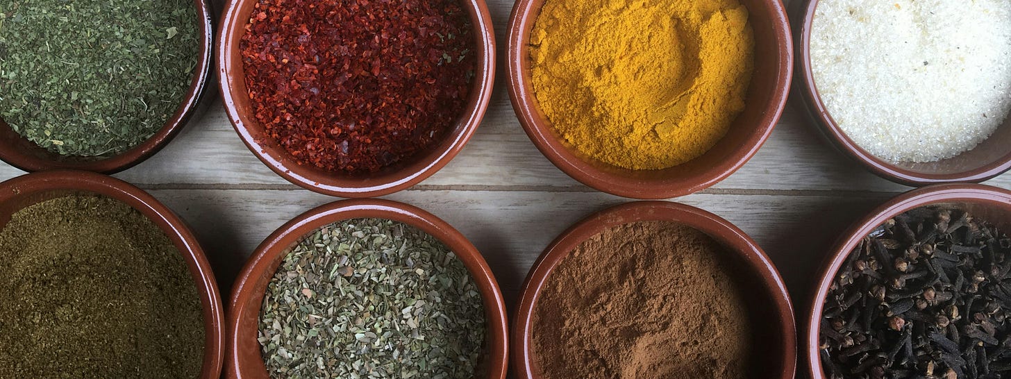 Overhead shot of bowls of colorful spices Overhead shot of bowls of colorful spices