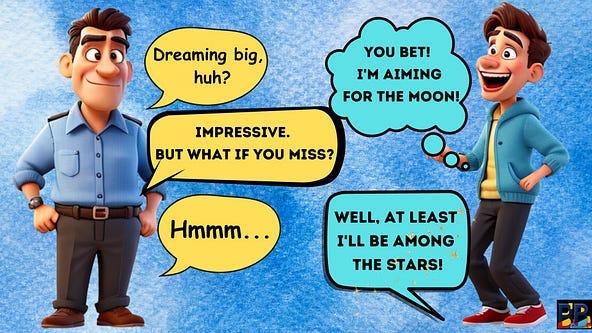 3D animation-style characters talking to each other about aiming high.