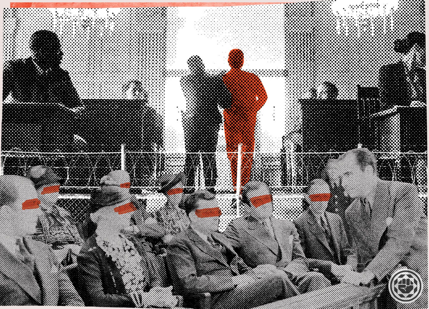 Collage of all-white jury with red blocks on their eyes. Behind an image of a red figure being led out of a courtroom.