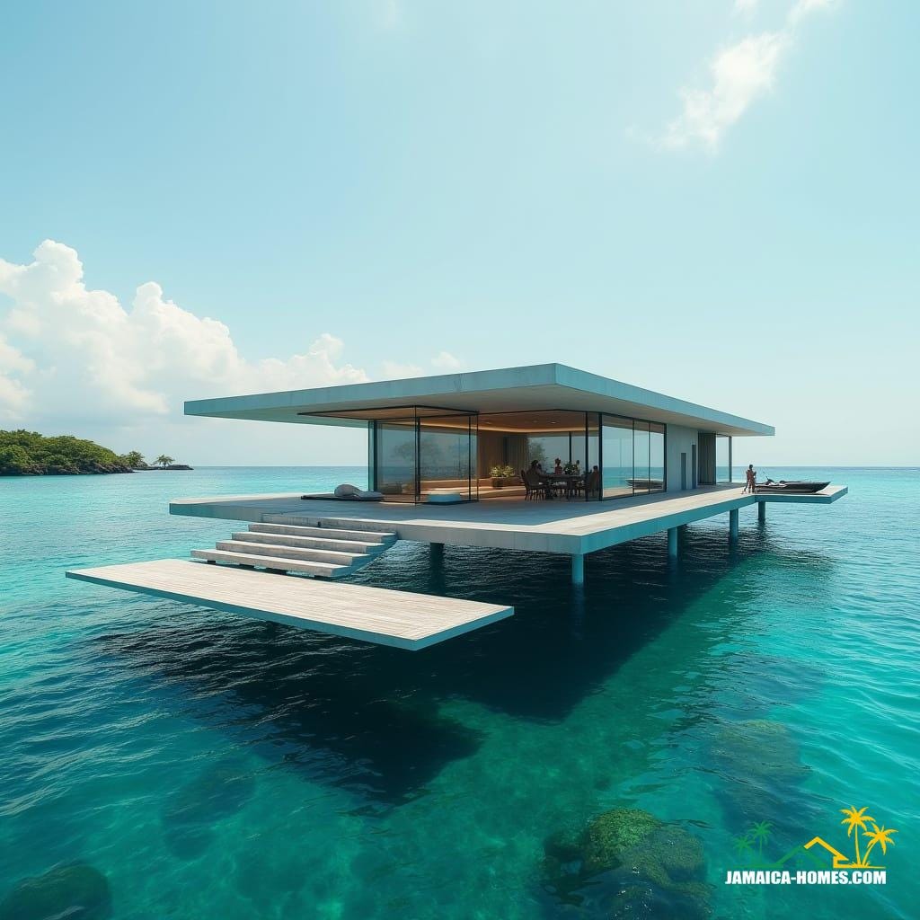 A majestic, eco-friendly floating villa hovers above the turquoise waters off Tower Isle, Jamaica, its sleek, minimalist design accentuated by seamless glass walls and retractable roof panels, blending seamlessly into the surrounding marine landscape. An underwater viewing room offers a breathtaking glimpse into the vibrant marine life, while a private dock cradles a luxurious speedboat, and an overwater infinity pool appears to merge with the horizon. The self-sustaining villa is powered by cutting-edge hydro and solar energy systems, harmoniously integrating technology and nature. Shot on a V-Raptor XL camera, the image exudes a cinematic quality, with subtle film grain, a vignette, and expert color grading, evoking the grandeur of a 35mm film. Inspired by the atmospheric lighting of Gregory Crewdson, the moody tones of Alex Prager, and the majestic landscapes of Andreas Gursky, this live-action masterpiece is a symphony of light, texture, and composition, a truly epic and dramatic visual experience.