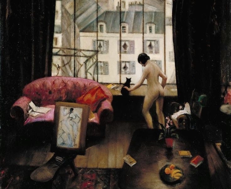This may contain: a painting of a man sitting on a couch in front of a window