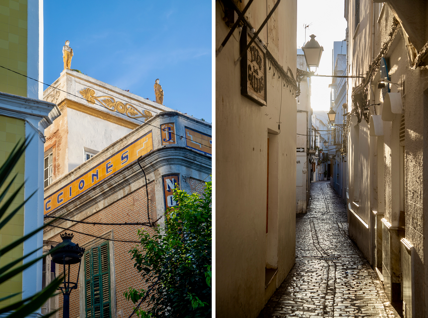 Ornate tiled building facade and a narrow cobblestone alley in the old town of Tarifa, Spain Ornate tiled building facade and a narrow cobblestone alley in the old town of Tarifa, Spain