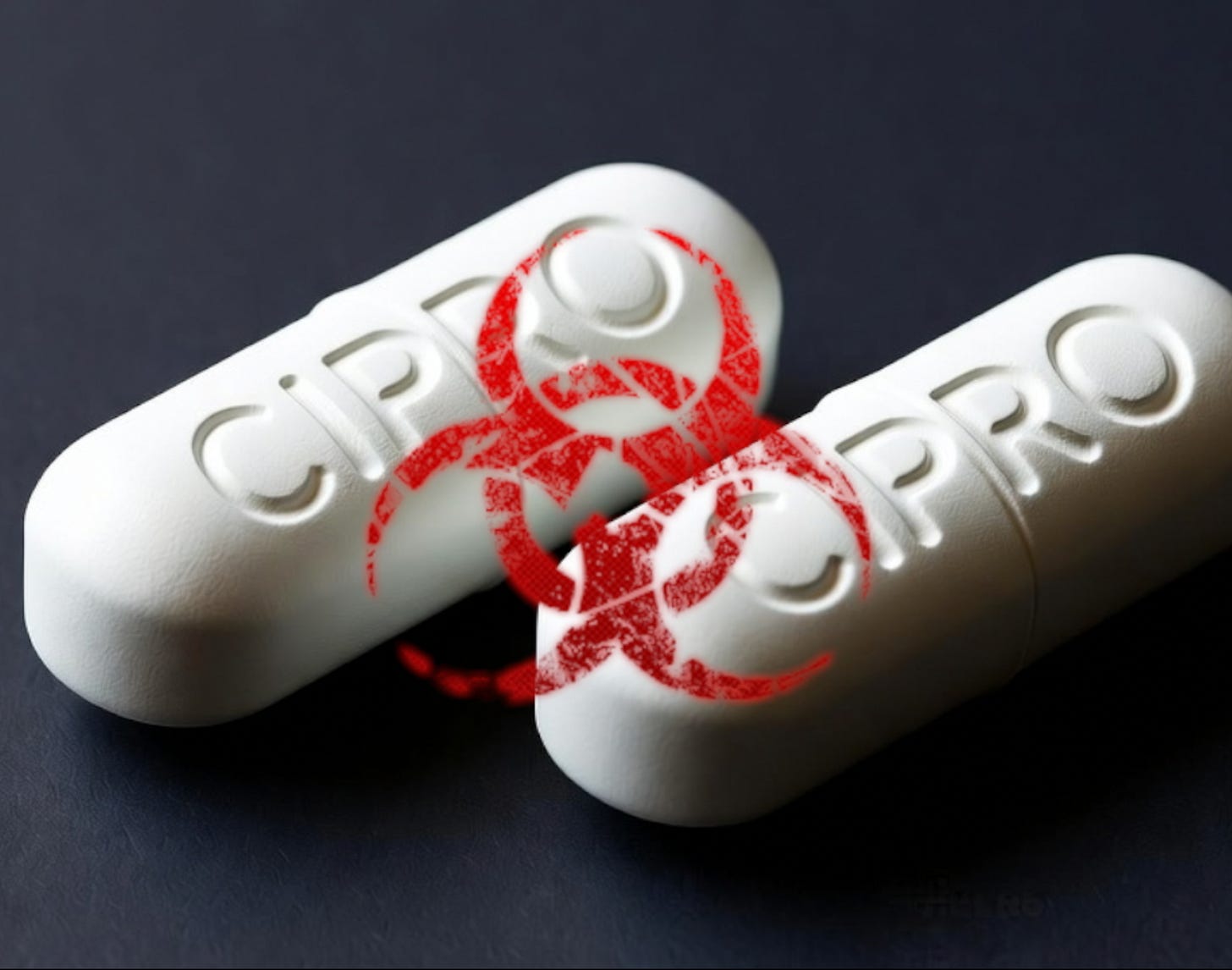 Cipro pills with biohazard sign