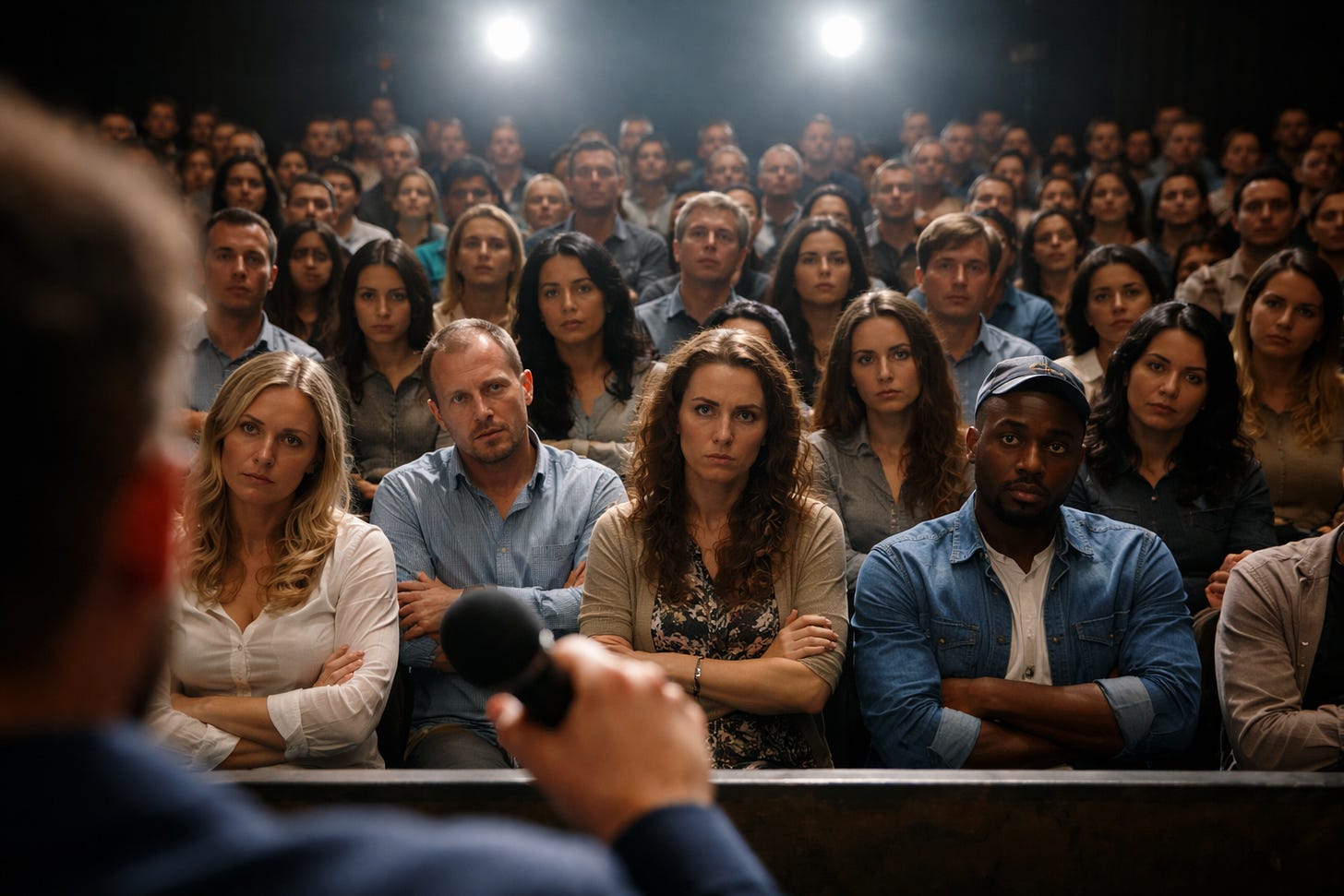 Audience closely watching a speaker, symbolizing reputational risk and social pressure. Audience closely watching a speaker, symbolizing reputational risk and social pressure.