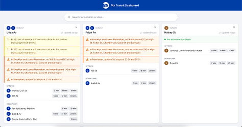 Screenshot of how service alerts first rendered, stacked high; Claude screenshot of instructions specifying the creation of a summary header for each station's active alerts that includes expand/collapse controls; screenshot of the resulting/current implementation