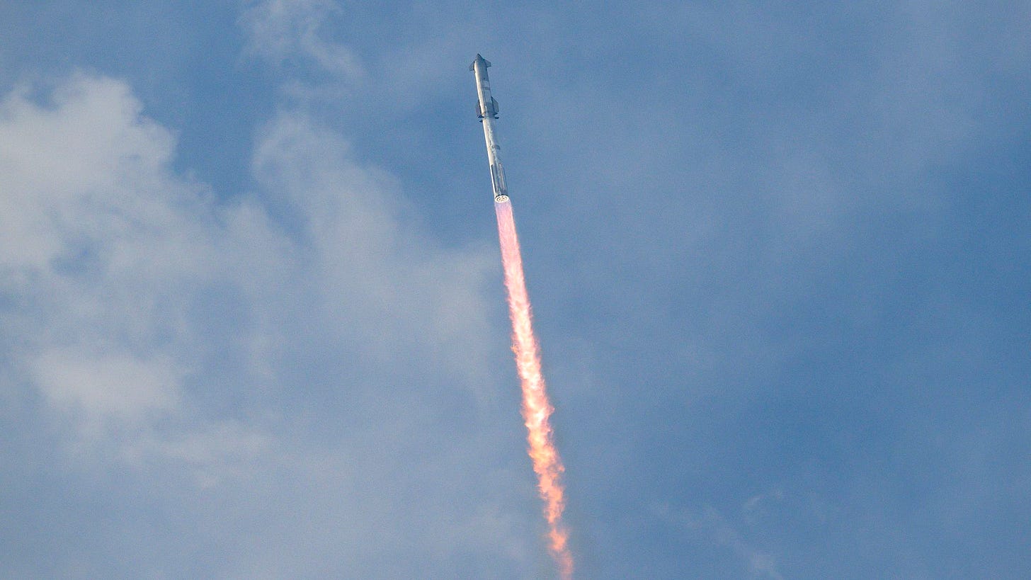SpaceX's Starship is show in air shortly after lifting off from the company's Starbase in Boca Chica, Texas.