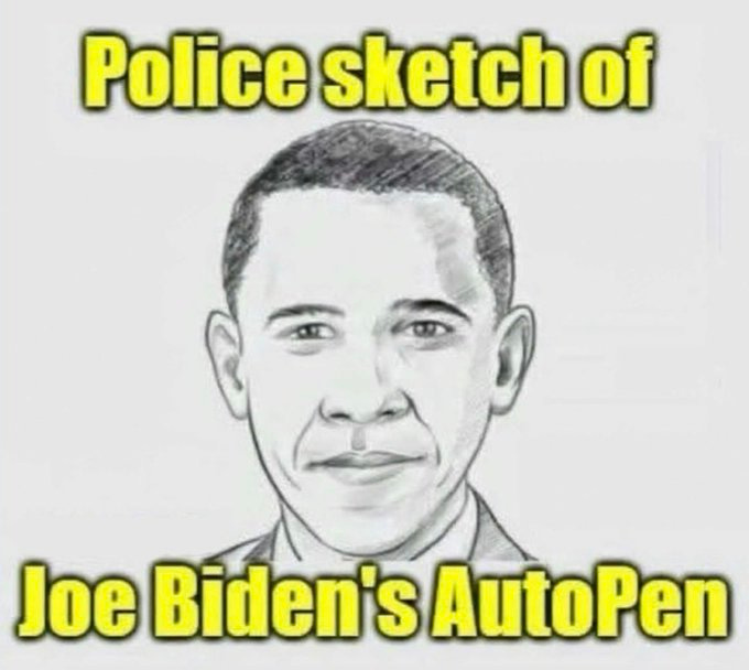 The image is a humorous political meme featuring a police sketch-style drawing of a person's face. The text overlay reads "Police sketch of Joe Biden's AutoPen," suggesting a satirical take on the use of an autopen by Joe Biden, implying that the autopen has become so significant it could be personified. The post is made by Jen (@SweetTexanRose) in honor of "No Kings Day," adding a layer of context that this is a playful critique or commentary on political figures and their practices. The meme format chosen is typical for political humor, aiming to engage viewers with a light-hearted jab at political automation.