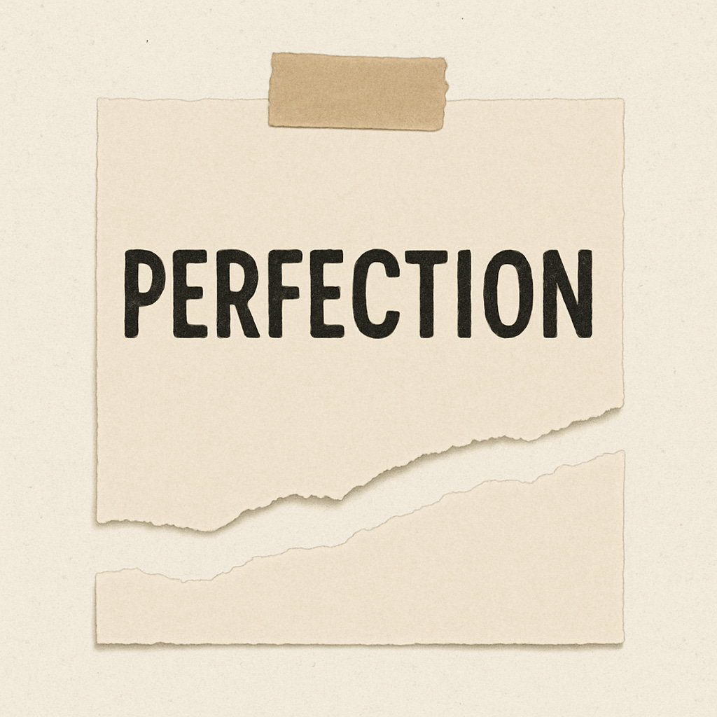 A piece of tan paper taped to a wall with the word "perfection" written in black caps. The paper is torn on the bottom.