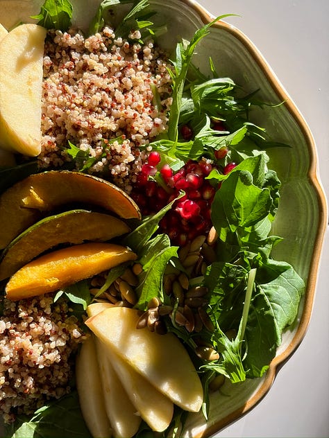 overnight oats, sun-dried tomato salmon power bowl, cabbage stir fry, red rice nourish bowl, salmon wrap, green smoothie, autumn harvest salad, lentil tacos, brownie bite energy balls