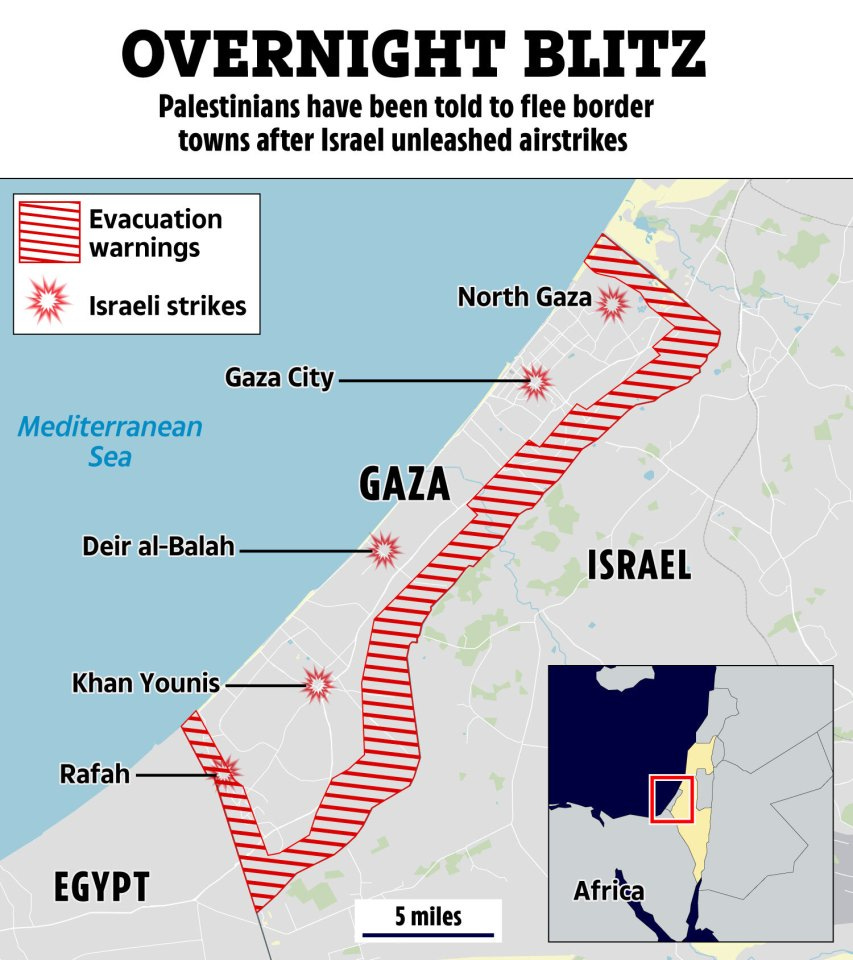 Map of Gaza showing Israeli airstrikes and evacuation warnings.