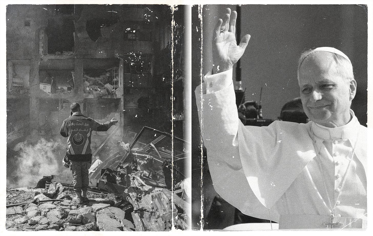 # Alt Text A split-panel black and white photograph showing on the left a person in a jacket standing amid rubble and destruction, and on the right a man in white robes waving, with a hand visible above pressing against glass.
