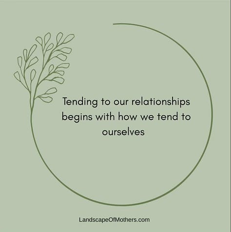 A gallery of screenshots from Jill's Instagram post with sage green backgrounds, a circular foliage illustration and quotes in the centre of each image. The images read: 1) Tending to our relationships begins with how we tend to ourselves. 2) And when we want better relationships, we often want it to happen now. 3) Of course we do, because we've been in pain for a long time. 4) But we can't rush the intimacy, connection and trust that we're building with ourselves. 5) We can call on Mountain Mother who has the capacity to stay with what is difficult. 6) And through her we can find our steady roots, our good ground, and our persistence. 7) To connect to Mountain Mother in you: Put your feet on the ground and breathe deeply, as if you are breathing all the way down into the earth, and from the earth all the way back to the top of your head. 8) This helps your energy root into the earth beneath your feet. Centering you right here, right now. This gives the mind and energy a place to move from. 9) Then there is an extra screenshot from Jill's website that names the different 'Mothers' in an interconnected web. This includes Sun & Moon Mother in the centre with Ocean Mother, Forest Mother, River Mother, Mountain Mother, Island Mother, Desert Mother & Wind Mother reaching out from the centre in an outer circle.