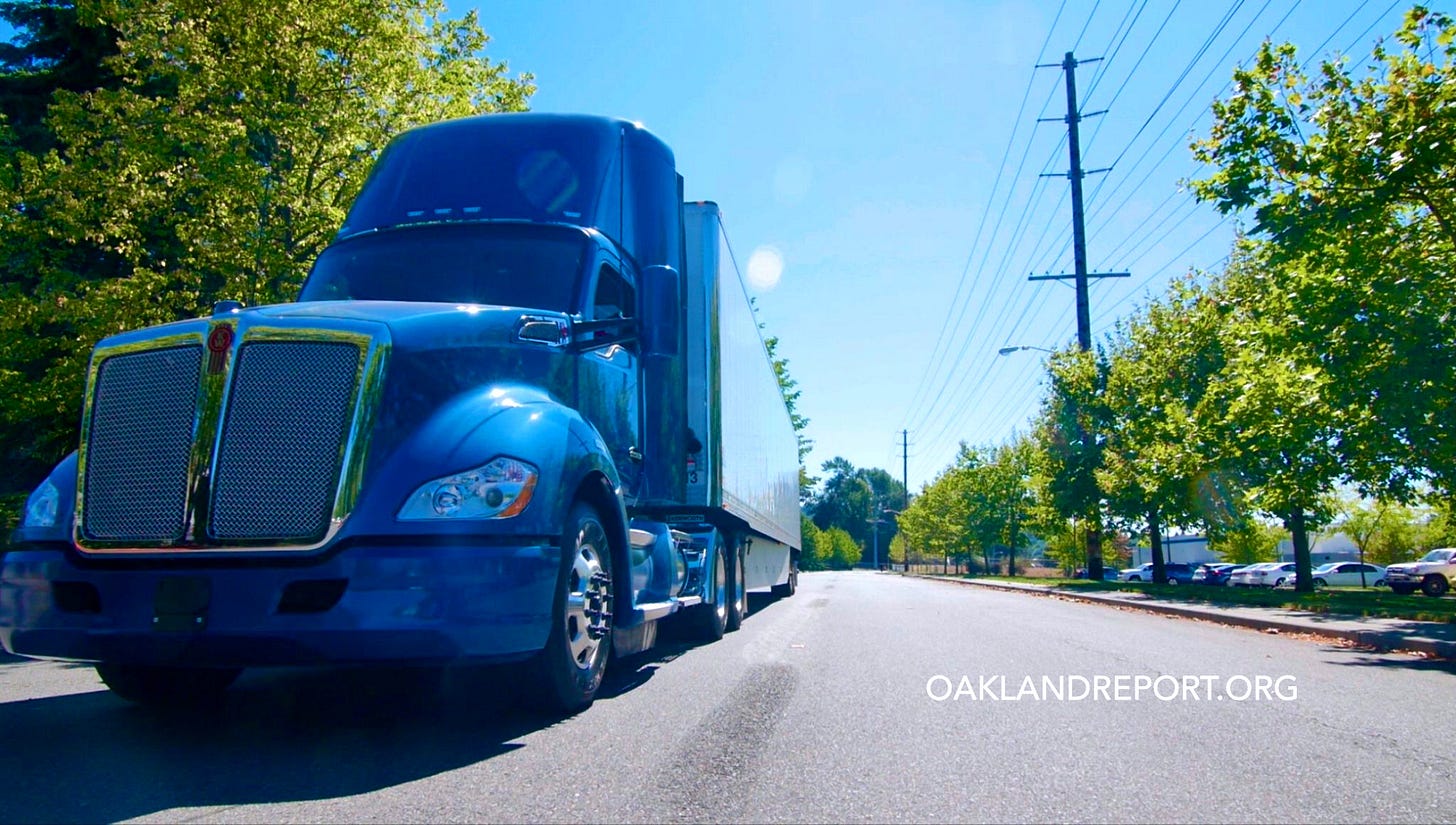 Lifting the I-580 ban, as measured by Caltrans’ own study, would deliver a negligible improvement to the corridor that bears the heaviest burden — while markedly increasing total diesel pollution across the study area. (Image source: Oakland Report / Adobe Stock) Lifting the I-580 ban, as measured by Caltrans’ own study, would deliver a negligible improvement to the corridor that bears the heaviest burden — while markedly increasing total diesel pollution across the study area. (Image source: Oakland Report / Adobe Stock)