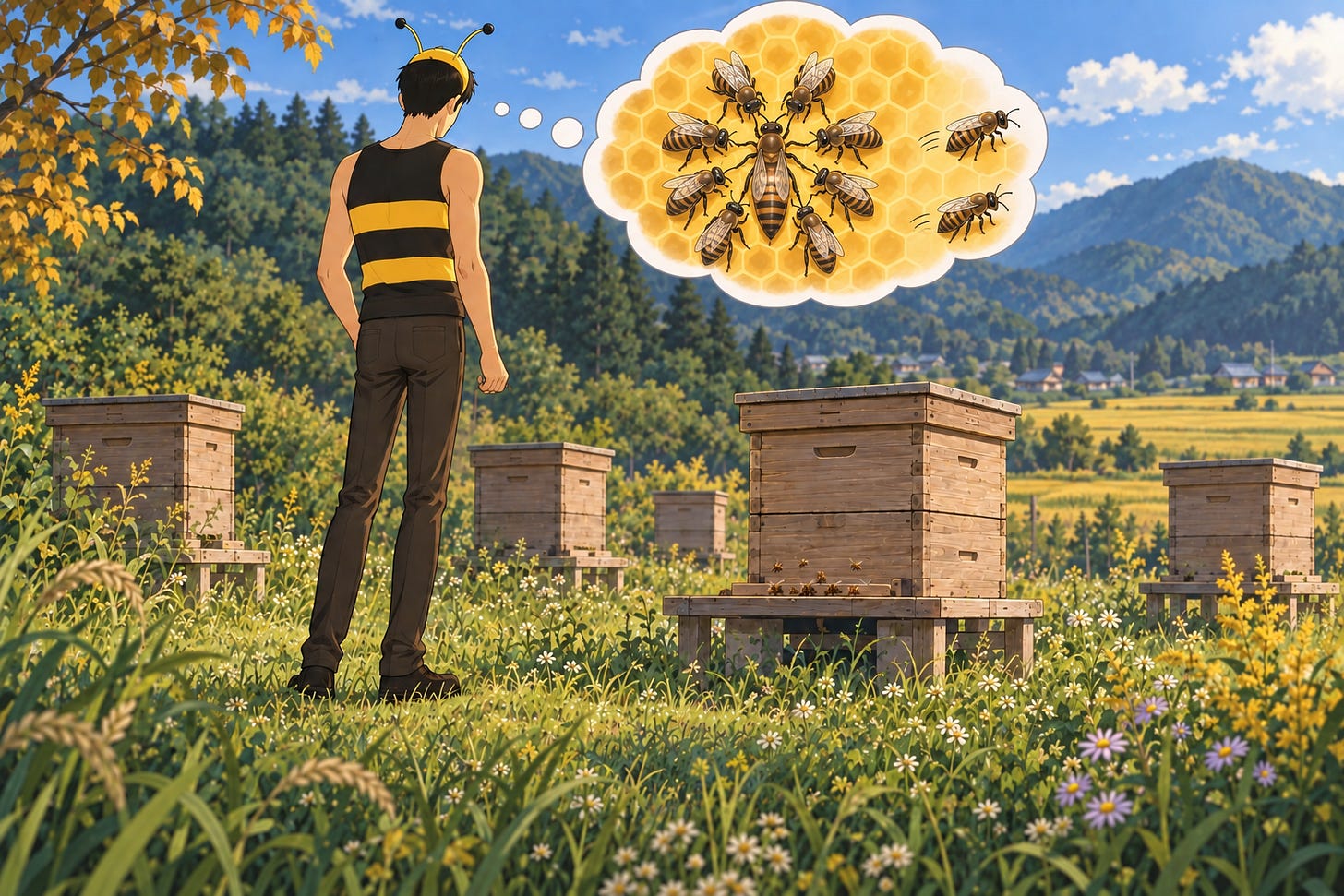 朝の養蜂場で、閉じた巣箱を眺める男性の後ろ姿のイラスト。頭の上の吹き出しには、女王蜂を囲む働きバチと、外へ急ぐ働きバチ 朝の養蜂場で、閉じた巣箱を眺める男性の後ろ姿のイラスト。頭の上の吹き出しには、女王蜂を囲む働きバチと、外へ急ぐ働きバチ