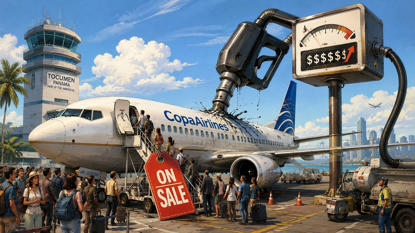 Illustration of a Copa Airlines aircraft at Panama’s Tocumen hub beside a fuel pump and an “On Sale” tag.