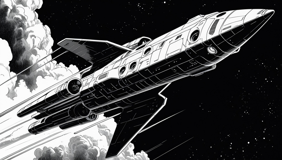 A detailed black and white illustration of the starship Leonora Christine from the novel Tau Zero