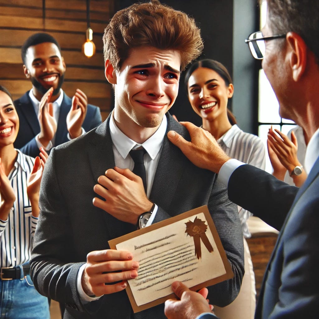 A highly sensitive person receiving a promotion at work. The individual, dressed in professional attire, looks emotional and overwhelmed with happiness. Their colleagues around them are clapping and smiling in support. The setting is a modern office with warm lighting, and a manager is seen handing them a certificate or shaking their hand. The person's expression reflects deep gratitude and a mix of excitement and nervousness. A highly sensitive person receiving a promotion at work. The individual, dressed in professional attire, looks emotional and overwhelmed with happiness. Their colleagues around them are clapping and smiling in support. The setting is a modern office with warm lighting, and a manager is seen handing them a certificate or shaking their hand. The person's expression reflects deep gratitude and a mix of excitement and nervousness.