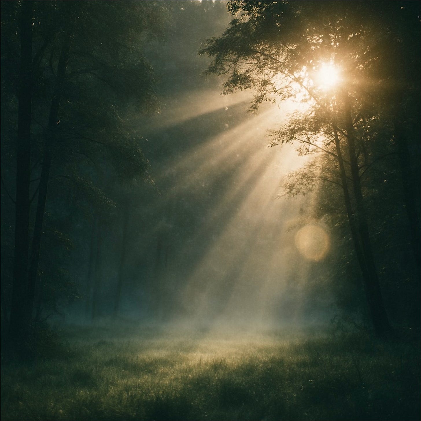 Misty forest clearing at dawn with sunlight streaming through the trees, evoking stillness and presence.