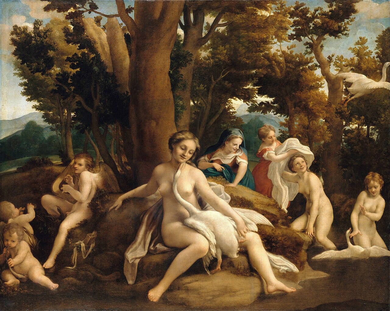 Correggio's Leda and the Swan showing several episodes of the story in one canvas Correggio's Leda and the Swan showing several episodes of the story in one canvas