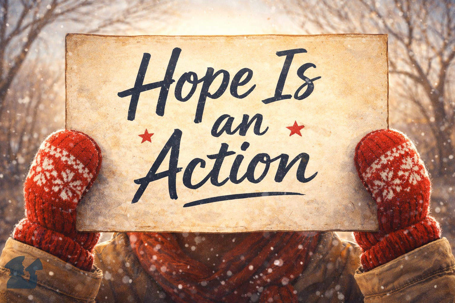 Illustration of a protester holding up a sign that reads Hope Is Action