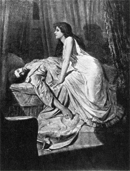 British Pre-Raphaelite artist Philip Burne-Jones’ 1897 painting, “The Vampire.” (Only this monochrome reproduction survives.) It features a woman gazing triumphantly at a man’s unconscious body. The man’s shirt is open and his throat and chest are exposed. British Pre-Raphaelite artist Philip Burne-Jones’ 1897 painting, “The Vampire.” (Only this monochrome reproduction survives.) It features a woman gazing triumphantly at a man’s unconscious body. The man’s shirt is open and his throat and chest are exposed.