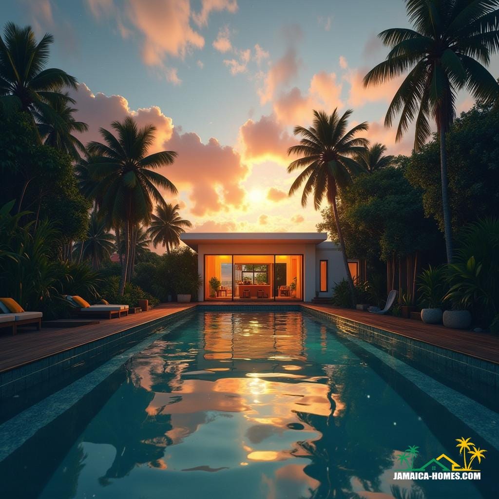 Modern modular home in Jamaica, surrounded by lush tropical foliage, with a sleek, minimalist swimming pool reflecting the vibrant colors of the Caribbean sunset.