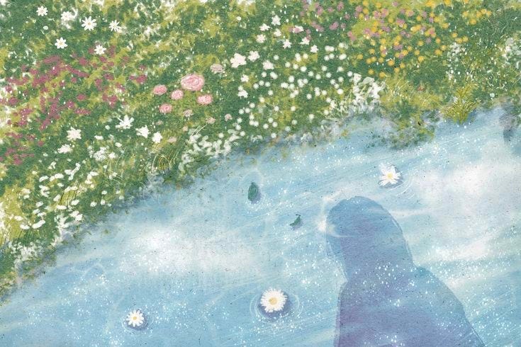 This may contain: a painting of a person standing in water with flowers on the ground next to it